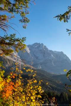Zugspitze seen from the Eibsee in fall Stock Photos