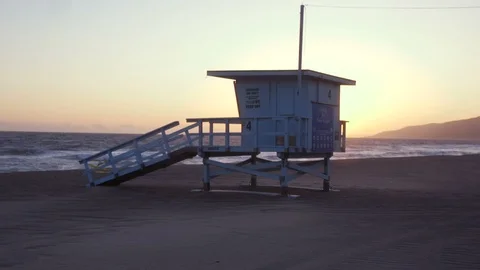 Zuma Beach Lifeguard Tower During Sunset Wide - Malibu Stock Footage 89606466