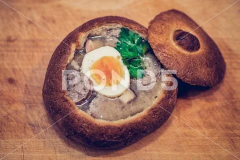 Zurek - traditional Polish soup inside a bread Stock Photos