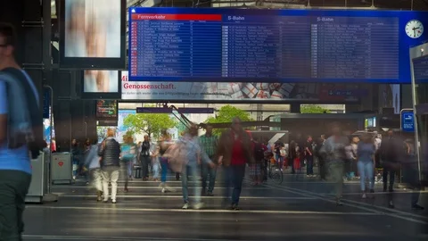 Zurich central train station outside crowded hall 4k timelapse switzerland Video stock 92145293