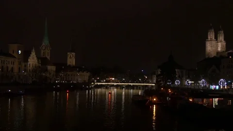 Zurich limmat river münsterbrücke bridge panorama 4k switzerland Stock Footage