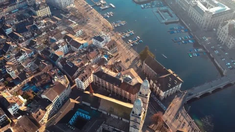 Zurich Limmat River Waterfront Architecture Aerial 4K Stock Footage 343552313