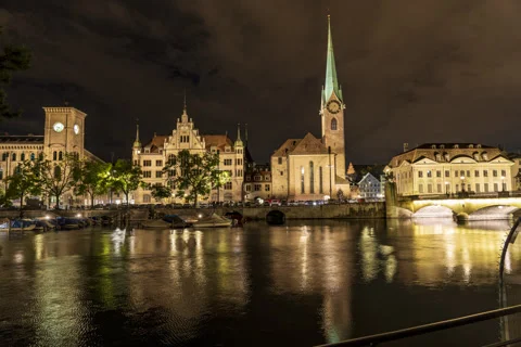 Zurich night timelapse with reflection Stock Footage 261177154