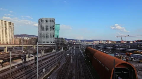 Zurich Railway in Switzerland. Trains on a sunny day. Stock Footage