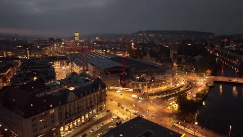 Zurich riverside traffic train station square aerial panorama 4k switzerland Stock Footage 320398140