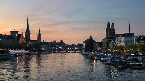 Zurich Skyline and the River Limmat at Sunset, Switzerland Stock Footage 40446527