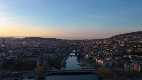 Zurich Skyline Limmat River Sunset Aerial View Video stock 343657694