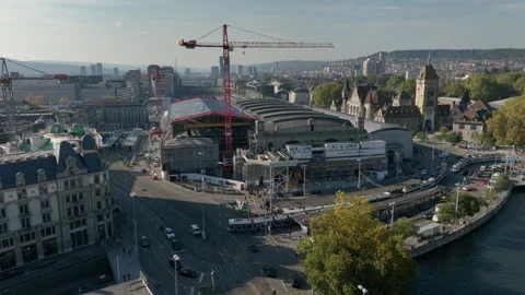 Zurich train station construction traffic riverside aerial view 4k switzerland Vídeo Stock 257435509