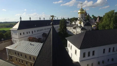 Zvenigorod kremlin spire angel old Russia Savvino-Storozhevsky Monastery Aerial Stock Footage