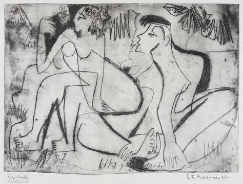 Zwei nackte Mdchen in freien. Ernst Ludwig Kirchner (Germany, 1880-1938). G.. 스톡 일러스트
