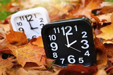 Zwei Uhren auf Herbstblättern, Symbolfoto für die Rückstellung auf Winterz Stock Photos